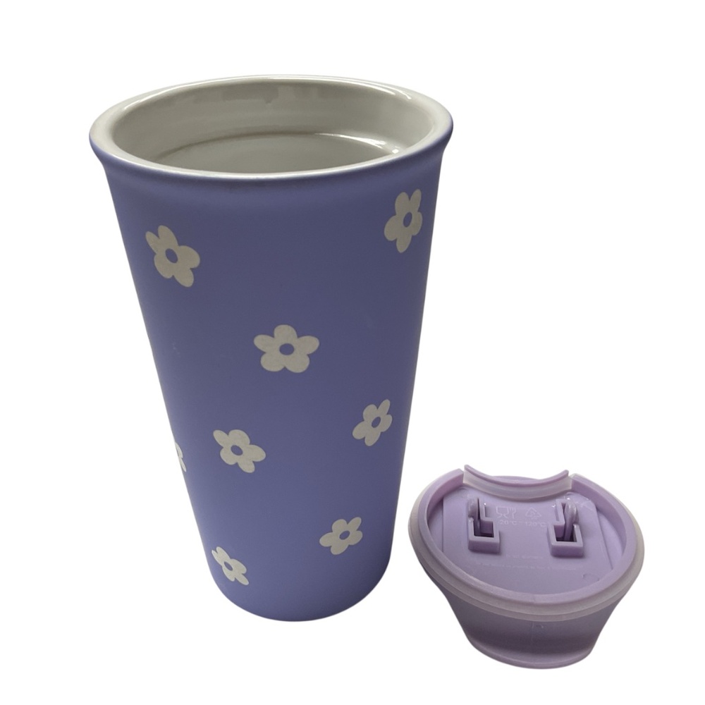 Sunday Morning Floral Travel Mug Purple with White Flowers and Lid Ceramic 16 oz - Picture 2 of 6